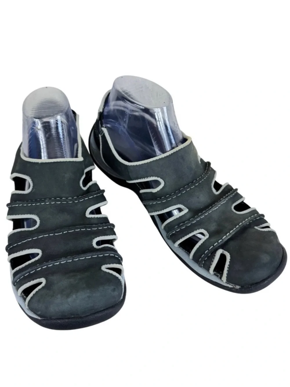 Clarks Springers Mens Gray Nubuck Leather Fisherman Sandals Size 11 Blue Trim‎
